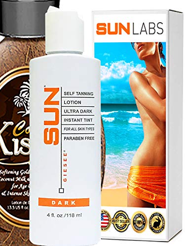 Coconut Kisses Golden Tanning Lotion, 13.5 oz + Dark Self Tanner 4 oz Beautiful Natural Glow