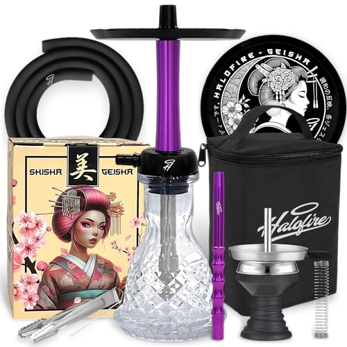 Cachimba Halofire Geisha de 50 cm - Shisha Cachimba Profesional con Difusor Ajustable, Base de Cristal y Maletín de Transporte | Diseño Compacto para Uso Personal y Profesional (Morada)