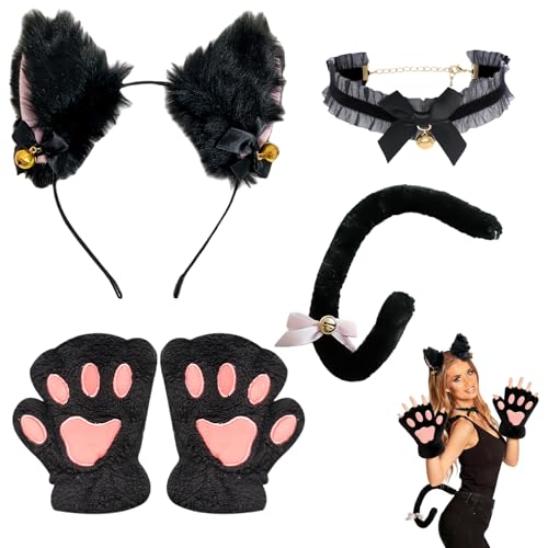 YEDOUALE Disfarce de gato completo para homens e mulheres, inclui orelhas de gato, coleira com sinino, luvas de garras, de gato flexível, para Halloween, festas temáticas e cosplay