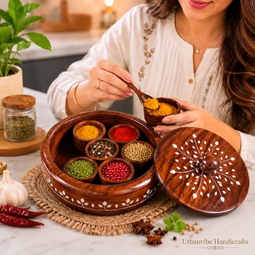 Image of Wooden Masala Box & Spoon | Sheesham Wood Spice Box with White Floral Inlay Design on Lid & Side | Handmade Round Masala Dabba Organizer (7 Containers, 40 ml Each, Brown)