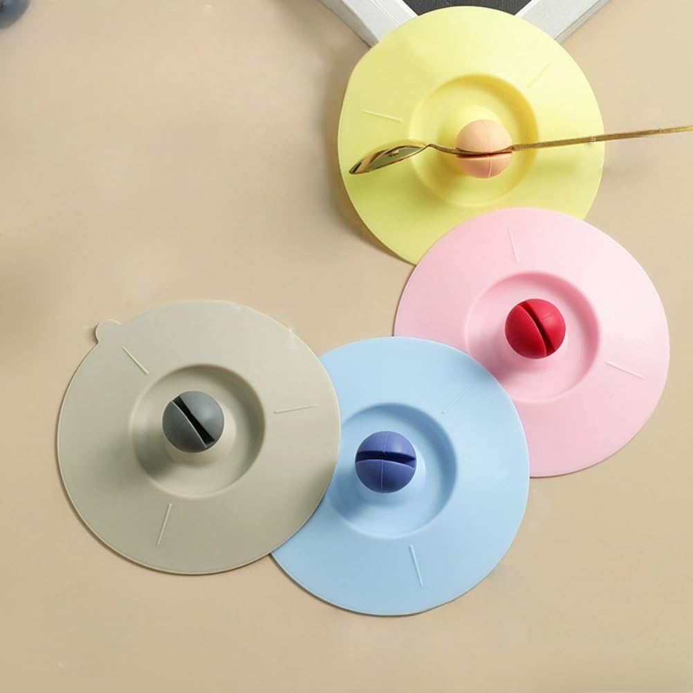 Mookblank Silicone Cup Lids, 4pcs Silicone Cup Cover Anti-Dust Food Grade Silicone Mug Cover for Glass Cup Reusable with Spoon Hold for Hot Cold Mugs Coffee Tea Cup (4pcs)