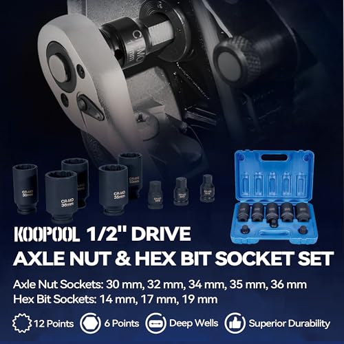 Image of 8PCS Axle Nut Socket Set, 1 /2 inch Drive Deep Impact Socket Set with 3 Hex Bit Sockets, Metric, 14mm 17mm 19mm, 30mm 32mm 34mm 35mm 36mm, Heavy Duty Cr-Mo, for Audi, BMW, and Mercedes etc (8pcs 1 /2 inch)