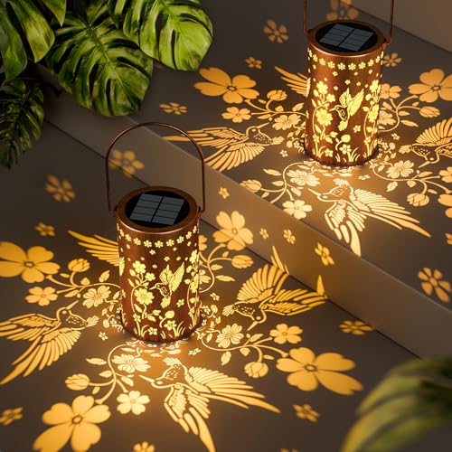 NFEVER Solar Lanterns Outdoor Waterproof: 2 Pack Hummingbird Lantern Christmas Gifts for Women Mom Grandma - 2 Modes Metal Hanging Solar Lights for Outside Garden Patio Porch Yard Pathway Decorations