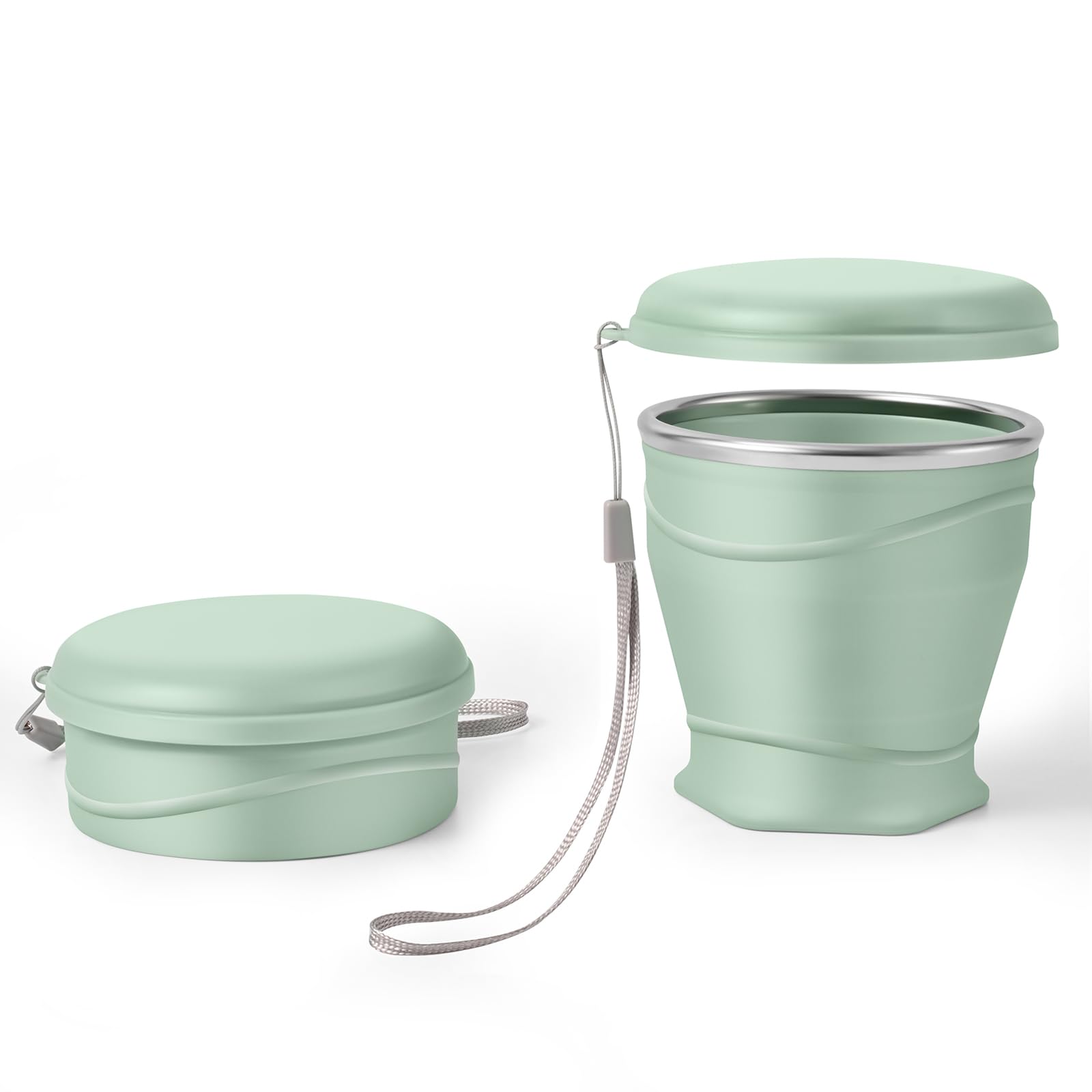 Bidponds 8.8oz/260ml Collapsible Silicone Cup with Lid,BPA-Free,304 Stainless Steel Rim,Portable Cup for Travel,Camping, Hiking,Outdoor Sports (Light Green)
