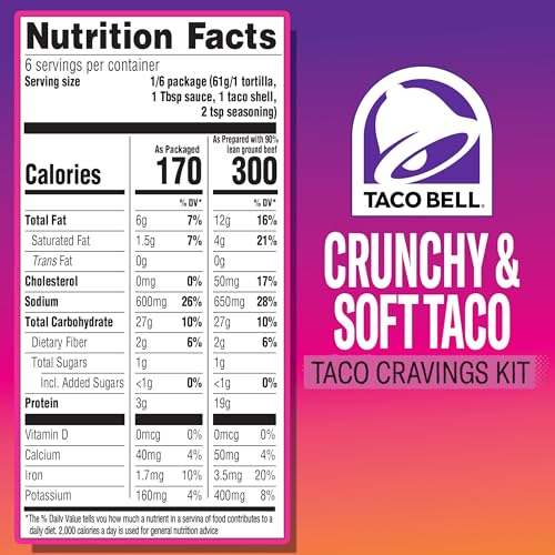 Taco Bell Crunchy & Soft Taco Cravings Kit with 6 Soft Tortillas, 6 Crunchy Taco Shells, Taco Bell Mild Sauce & Seasoning, 12.9 oz Box