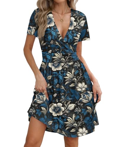Image of KUOTAI Women's Summer Short Sleeve Casual Dresses Wrap V Neck Beach Outfits Party Flowy Dress with Pockets, Blue Leaf, X-Large