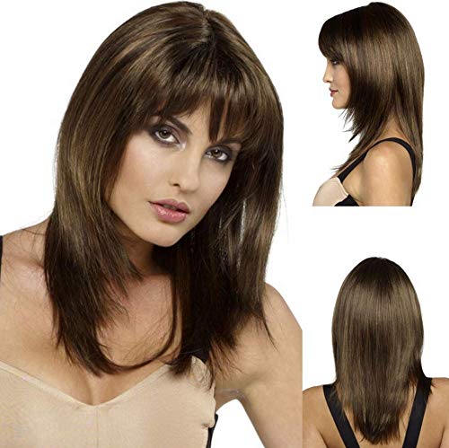 GNIMEGIL Women Full Wigs long Brown Wig Straight Synthetic Hair Wigs for Women with Bangs Fancy Costume Prom Wigs Heat Resistant Fiber Hair Wig for Daily (Wig head circumference size is 20-24inches)