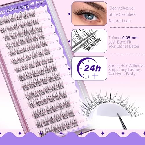 JIMIRE Self Adhesive Eyelashes Wispy Lash Clusters Natural Look 9-12MM Press on Lashes Self Adhesive Lash Clusters No Glue Needed Natural Pre Glued Lashes Clusters Reusable Invisible Band