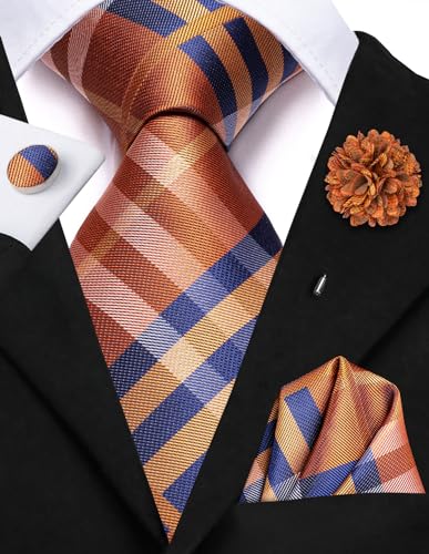 Image of Hi-Tie Men Silk Ties Set with Flower Lapel Pin Necktie Pocket Square Cufflinks for Tuxedo Wedding Business