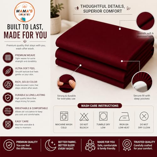 Image of Double Size Bed Sheet - 600 Thread Count Single Flat Sheet Only - Long Staple Egyptian Cotton Top Sheet Wrinkle & Fade Resistant - Burgundy