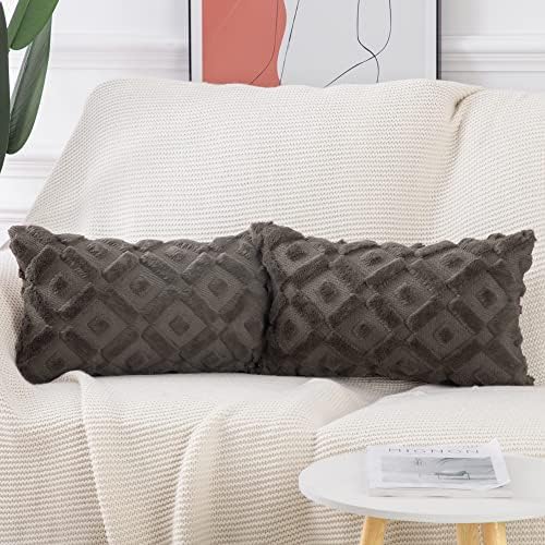 Madizz Pack of 2 Soft Plush Short Wool Velvet Decorative Cushion Covers Luxury Style Throw Pillow Cases Pillow Shell for Sofa Bedroom Taupe 12x20 inch Rectangular