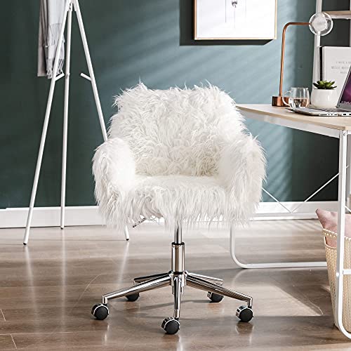 HomVent Fluffy Desk Chair Pink Faux Fur Vanity Chair Adjustable Swivel Computer Chair on Wheels Height Adjustable Cute Desk Chair for Makeup Room Teen Girls Bedroom Home Office (White)