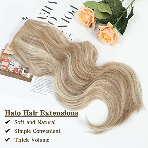 Gowit Invisible Wire Hair Extensions Medium Blonde With Pale Highlights Hair Extensions With Transparent Wire Adjustable Size 4 Clips Soft Long Wavy Synthetic Hairpieces For Women 20 Inch #TOP1
