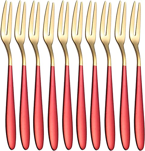Image of Mini Cocktail Forks Appetizer Forks 18 /10 Stainless Steel Fruit Forks Dessert Forks Tasting Forks Appetizer Small Forks Set Appetizer Cake Fruit Forks Set (Red,Set of 10)