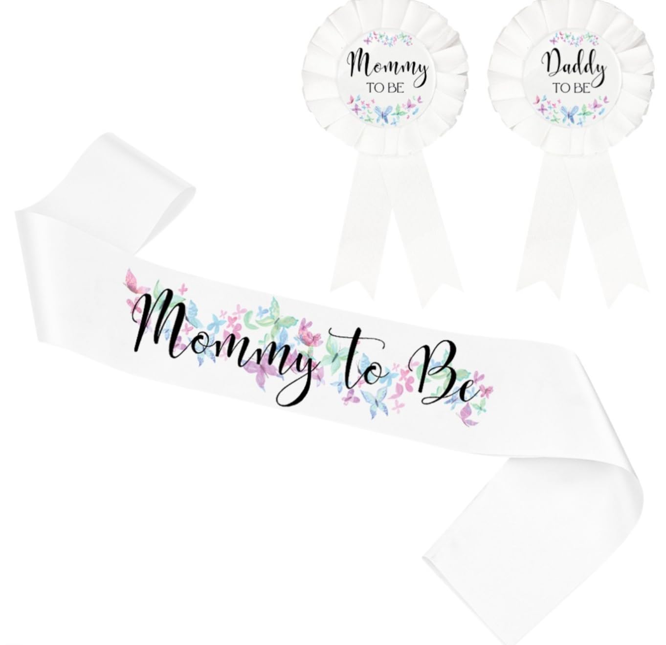 PATICARRY Rainbow Butterfly Mom to Be Sash and Daddy to Be Tinplate Badge Pins for Baby Shower, Welcome Baby Boy or Girl Gender Reveal Decorations,