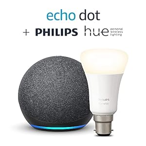 Echo Dot (4th generation), Charcoal + Philips Hue White Smart Bulb (B22), Works with Alexa – Smart Home Starter Kit