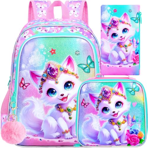 Image of 16 inch Fox Backpack for Girls, 3Pcs Kids Bookbag for Elementary Preschool Kindergarten, School Backpacks with Lunch Box(Pink)
