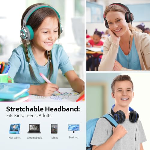Headphones Wired Bulk for School Kids Teens, 6-Pack Over-Ear for Classroom Chromebook Computer with Microphone 3.5mm Jack, Foldable, No-Tangle Cord - Mint& Blue& Red - Image 5