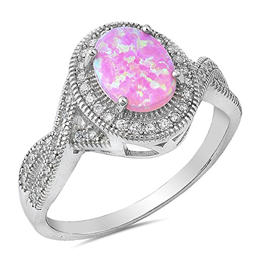 White CZ Pink Simulated Opal Vintage Oval Ring .925 Sterling Silver Band Size 10