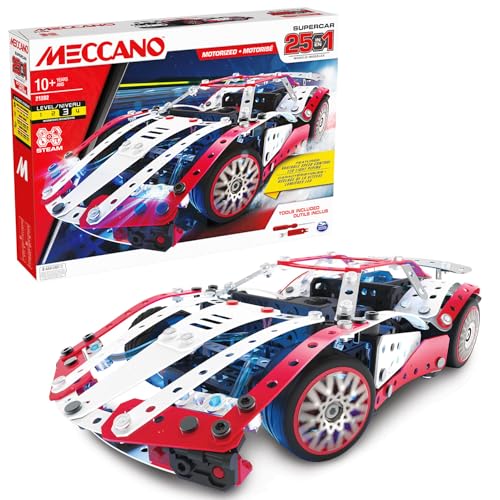 Bandai Meccano Supercar 25 en 1 – Estuche de construcción 25 Modelos – 347 Piezas Incluyendo Motor de 6 voltios, LED, Herramientas, Instrucciones – Kit Actividad Montaje Supercoche, Juguete Infantil