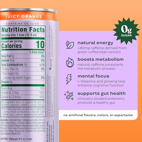Image of Bloom Nutrition Sparkling Energy Drink - Natural Caffeine, Zero Sugar, 180mg Caffeine - Antioxidant-Rich with Green Coffee Bean, Green Tea Extract, Prebiotics - Orange - 12oz 12 Pack