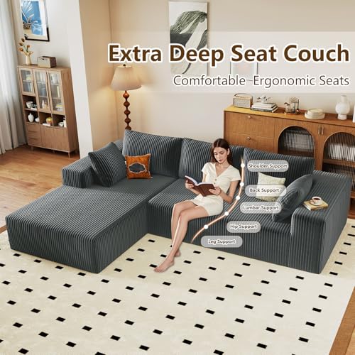 Image of 96 inch Modular Sectional Couch, Boneless L Shaped Cloud Sofa with Chaise Lounge, Corduroy Upholstered Couches Memory Foam Deep Seat, No Assembly Required, Ideal for Living Room(Dark Gray, Left Facing)