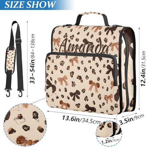 Image of Custom 3 Ring Zipper Binder Leopard Print Bow Pattern Personalized Name 1.5 inch Binders Large Capacity Multi Pockets for School Office Supplies