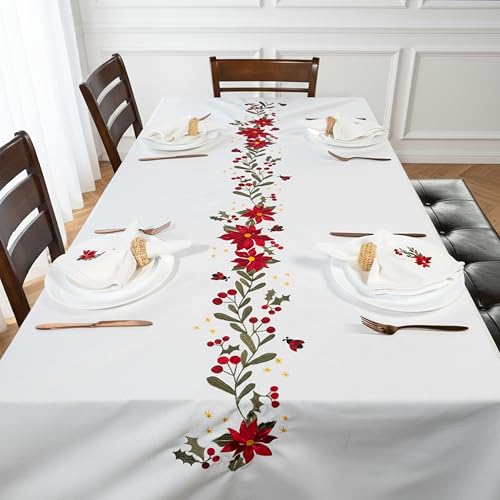 Image of Embroidered Cotton Tablecloth, Ivory Cheer, 60 x 75 in | Premium heavyweight chambray cotton, all-over embroidery, 4-seater rectangle, machine washable, elegant dining and hosting
