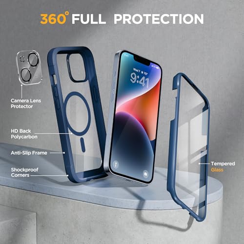 Image of Miracase Glass Series Designed for iPhone 14 Plus Case 6.7 inch, 2023 Upgrade Full-Body Magnetic Clear Case with Built-in 9H Tempered Glass Screen Protector,Compatible with MagSafe,Blue
