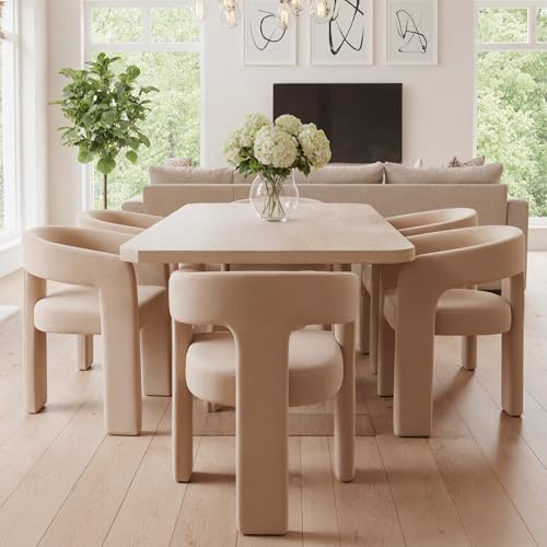 Image of HNY Modern Barrel Kitchen & Dining Room Chairs Set of 4, Velvet Upholstered Accent Chairs with Arm, 18.5'' Wide Side Armchair Vanity Chairs for Living Room Bedroom Makeup Small Spaces, Khaki