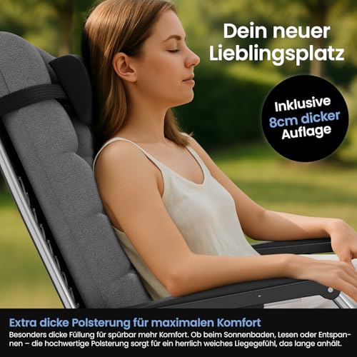 ELONEO Liegestuhl klappbar inkl. Premium Polster, Sonnenliege wetterfest mit 200 kg Belastbarkeit, Gartenstuhl extra breit, Gartenliege mit Verstellbarer Rückenlehne, Nackenkissen und Getränkehalter