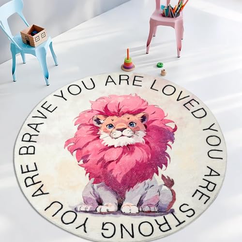 Lacomfy Kids Rug Carpet 4Ft Round Pink Lion Play Mat,
