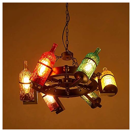 NZDY Antique Bottle Decoration Chandelier Creative Glass Wine Bottle Light Bar Restaurant with 6 Light Chandeliers Lamps Retro Industrial Pendant Ceiling Lights for Island Kitchen Living Room Hangin