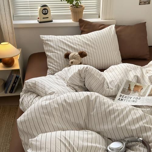 Image of EAVD Retro Striped Duvet Cover Full Brown&White Washed Microfiber 3-Piece