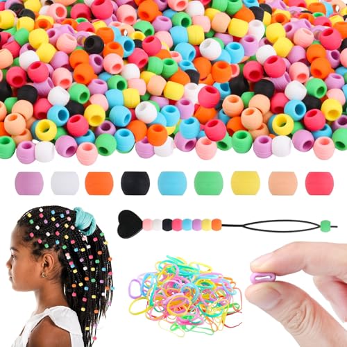 Gimswi 300 Small Silicone Hair Beads for Girls Women, 7*5mm Colorful Soft Mini Silicone Beads for Braids, Bracelet, DIY Crafts, Ornament, Plastic Quick Beader for Hair Braid, 50 Elastic Rubber Bands