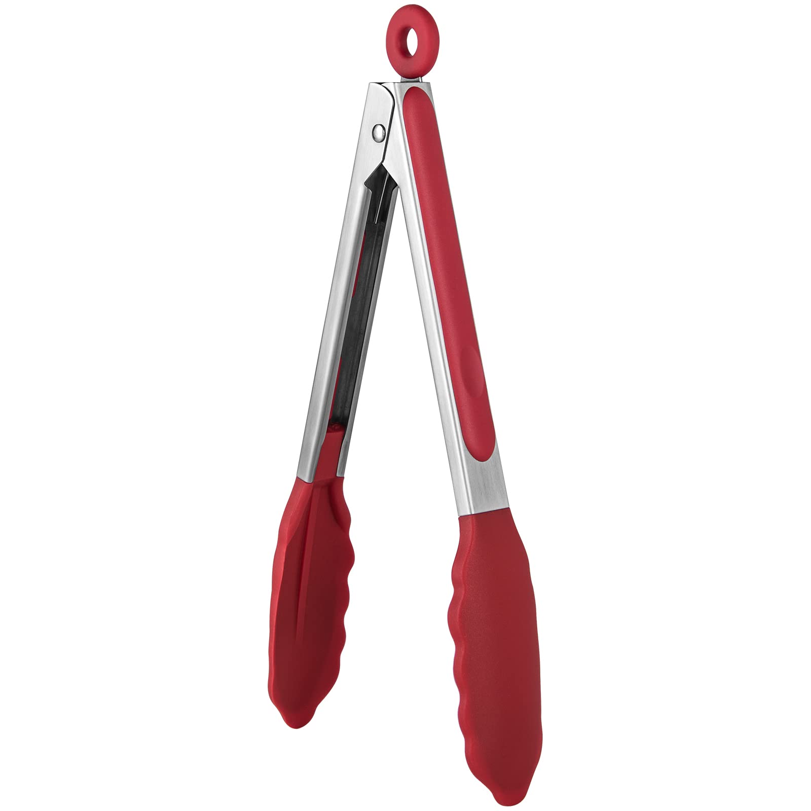 U-Taste 315℃ Heat Resistant Kitchen Tongs: 23 cm Silicone Cooking Tong with Firm Sealed Non Stick Rubber Tips & Silicon Coated 18/8 Stainless Steel Handle & Smooth Locking for Serving Salad (Red)