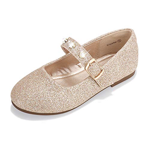 PANDANINJIA Girl's Toddler/Little Kid Crystal Dress Ballet Flats Pearls Mary Jane Party Ballerina Flat Shoes (Crystal Gold Glitter, 9 Toddler)