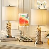 Tribesigns Modern Accent Table Lamp Set of 2, Mother of Pearl Bedside Lamp with Dual USB and AC Outlet, 3-Way Dimmable Touch Control Nightstand Lamp for Home Office, 2 LED Bulbs Included
