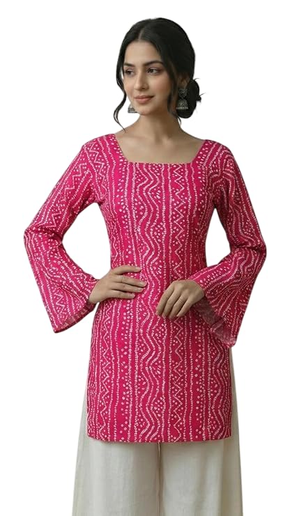 Image of MAHIRA'S Comfort Women's Short Kurti, Rayon Tunic Top with 3 /4 Embroidered Designer Sleeves | Soft Breathable Fabric | Office & Casual Kurti for Jeans, Leggings & Trousers