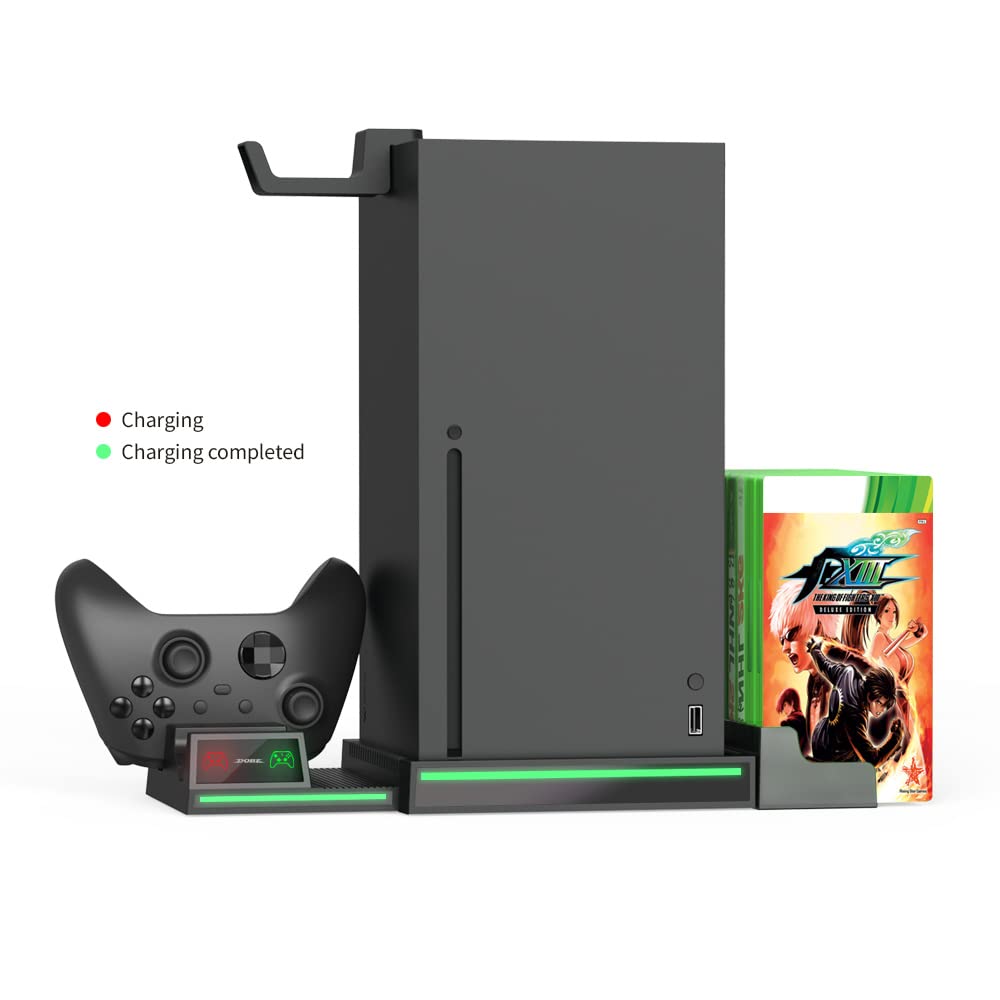 Soporte vertical compatible con consola Xbox Series X, estación de carga dual con 2 baterías recargables para controlador Xbox Series X, con 10 ranuras para tarjetas de juego y soporte para