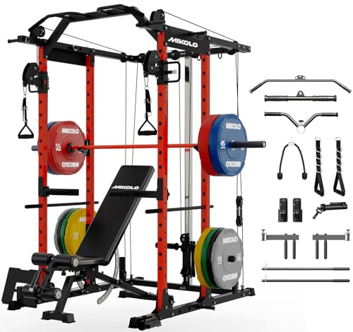 Image of Mikolo Power Cage, Power Rack with Cable Crossover System, 1500LBS Squat Rack with LAT Pull Down System, Workout Cage with Pulley System for Fitness Home Gym