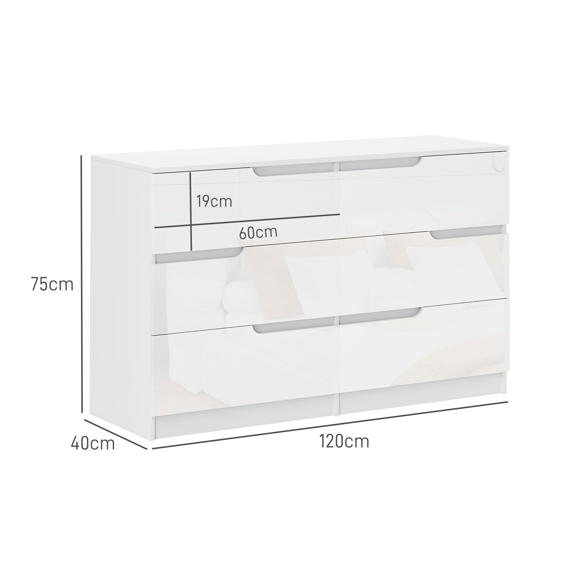 HOMCOM Cómoda con 6 Cajones Cómoda Dormitorio Moderno 120x40x75cm Blanco | con Anti-vuelco, Cajonera, para Salón Pasillo
