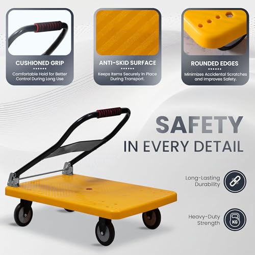 Image of Robustt 300 Kg Heavy-Duty Foldable Platform Trolley (Yellow) | Plastic Hand Truck with 360 Rotating Wheels & Cushioned Grip | Material Handling Cart for Home, Office, Warehouse & Industrial Use