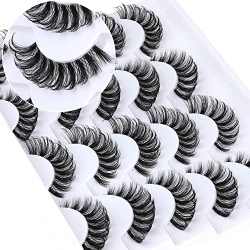 Cat Eye Lashes with Clear Band 6D Volume Russian Strip Lashes D Curl Eyelashes Natural Look Fake Eyelashes Fluffy False Eyelashes Extension Wispy Faux Mink Lashes Pack 10 Pairs