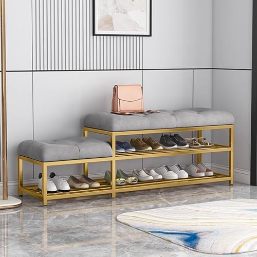 Étagère à chaussures d'entrée moderne avec banc rembourré en tissu de lin gris