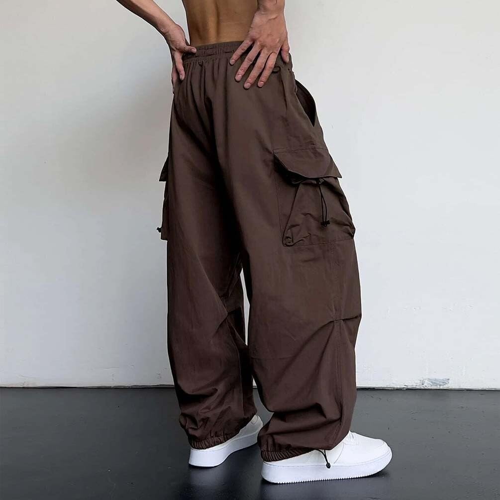 Męskie spodnie do biegania, luźne spodnie cargo z kieszeniami, spodnie dresowe Y2K, długie spodnie Streetwear ze sznurkiem (brązowy, 3XL)