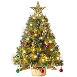 JOIEDOMI 24"/2FT Small Tabletop Christmas Tree with Lights with Star Treetop and Hanging Ornaments, Pre-lit Artificial Christmas Green LED Mini Tabletop Tree for Xmas Decorations Indoor Outdoor