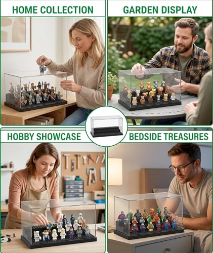 Image of Acrylic Display Case for Figures Dustproof, Acrylic Box Transparent, Clear Display Box with Building Base, Collection Bricks Storage Blocks Aciton Figure Showcase(Black)