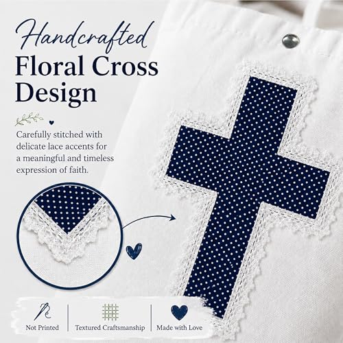 Image of Christian Tote Bag Gift for Women, Canvas Bible Bag Handmade Floral Cross | Christian faith-inspired gift, handcrafted cross with lace, inner pocket, snap closure, bottom gusset, church Bible study use