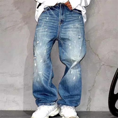 Men’S Fashion Hip Hop Ripped Baggy Paint Dot Denim Cargo Pants Slim Fit Full Length Button Fly Distressed Ragged Trousers2